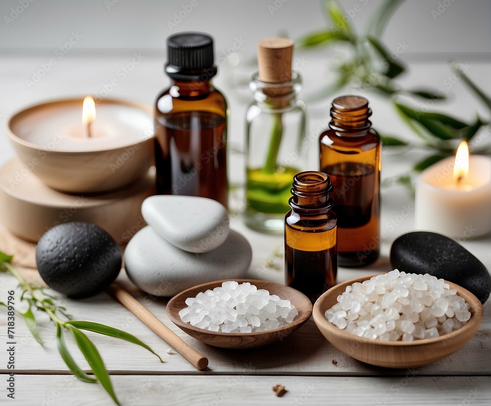 Essential spa tools displayed for therapeutic sessions. Essential spa tools displayed for therapeutic sessions.