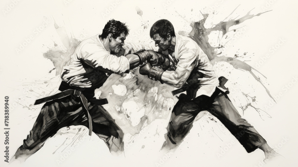 Monochromatic Intensity Unleashed: Two martial artists locked in a fierce exchange, their energy exploding into abstract brush strokes