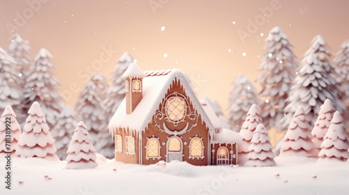  a christmas scene with a gingerbread house in the middle of a snowy forest with snow falling on the ground.