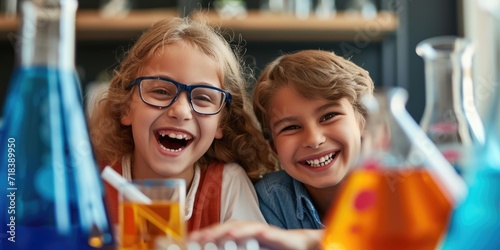 Portrait of two smiling friends children doing scientific experiment photo