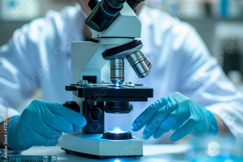 Close up of a scientist using a microscope in a lab generative ai 