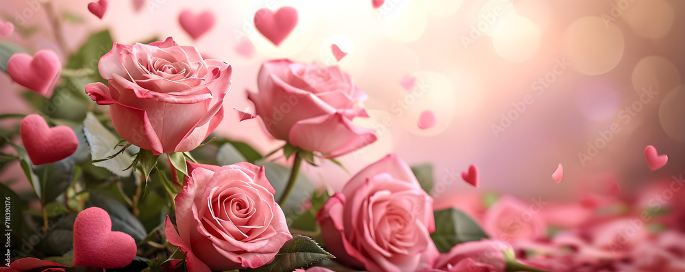Frame made of rose flowers and hearts on light pink blurred background. Floral composition. Valentine's and Women's day greeting card template with copy space Frame made of rose flowers and hearts on light pink blurred background. Floral composition. Valentine's and Women's day greeting card template with copy space