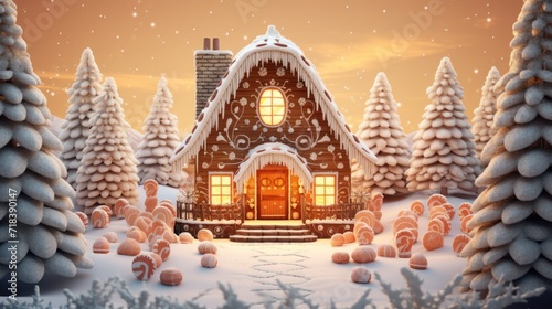  a christmas scene with a gingerbread house in the middle of a forest with snow on the ground and trees in the foreground.