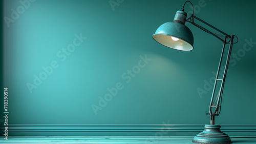 modern, adjustable floor lamp in front of a teal, blank wall with a copy space for interior design and decor advertising. Spotlight on metal stand photo