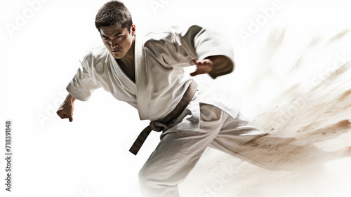 Skill and Power: A martial artist in a white gi and a black belt demonstrates a karate technique, ready to strike. The white background and the obscured face create a sense of focus and mystery
