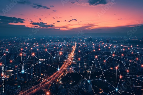 Digital city seamlessly integrated with high-speed information and a power grid, showcasing the harmony of urban and rural areas in a digital network generative ai photo