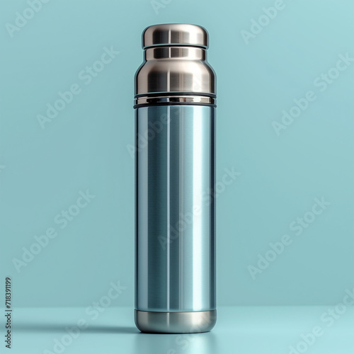 Model of stainless steel empty thermal water bottle for hot drink; sample of blank clean metal thermos for clipping path; mockup of flask for product advertising. object isolated on plain background