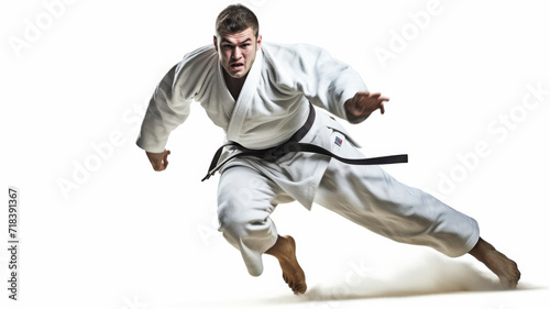 Skill and Power: A martial artist in a white gi and a black belt demonstrates a karate technique, ready to strike. The white background and the obscured face create a sense of focus and mystery