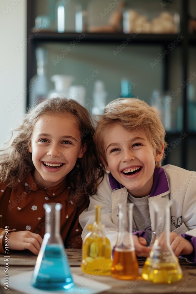 Portrait of two smiling friends children doing scientific experiment Portrait of two smiling friends children doing scientific experiment
