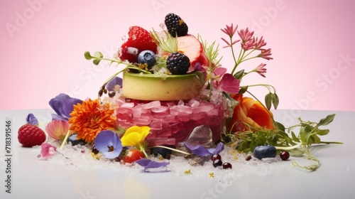  a cake with flowers  berries  and other edible items on top of it on a table with a pink background.