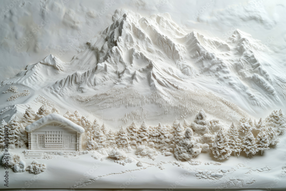 Generate a relief of a snowy mountain with a cabin in the foreground