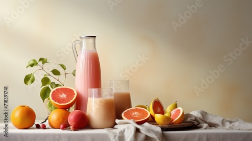  a table topped with a pitcher of milk next to a plate of fruit and a pitcher of oranges on top of a table.