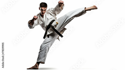Skill and Power: A martial artist in a white gi and a black belt demonstrates a karate technique, ready to strike. The white background and the obscured face create a sense of focus and mystery