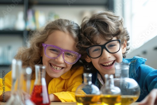 Portrait of two smiling friends children doing scientific experiment