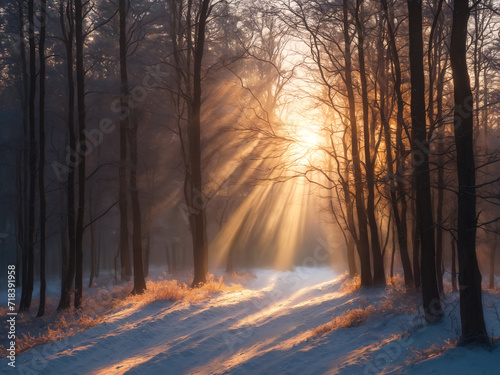 The light rays of the sun beam through the bare trees and illuminate the snowy forest  showcasing the beauty of nature