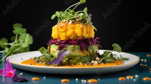  a plate topped with a layered cake covered in fruit and veggies and garnished with sprouts.