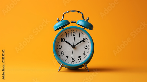 Blue clean mechanical alarm clock. Plain orange background. Twin bell table alarm clock; moving hammer. Retro metal case. Wake up in the morning. Product display with minimalist graphic design object 