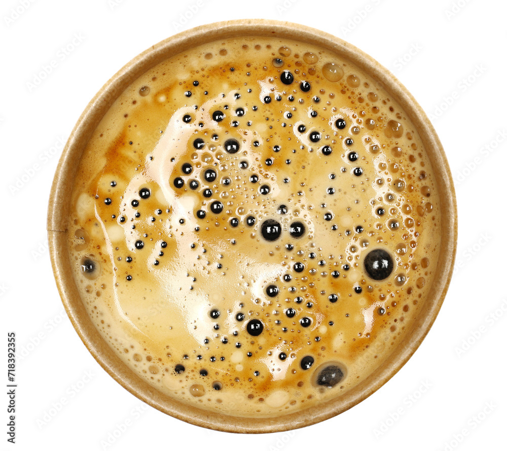 Coffee in brown paper cup isolated on white, eco friend, top view Coffee in brown paper cup isolated on white, eco friend, top view