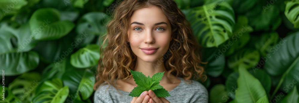 Header with graceful herbal girl holding a bouquet of green herb in a peaceful natural setting. Ecological concept of care; banner on respect for the environment. Biodiversity Protection for Earth Day - obrazy, fototapety, plakaty 
