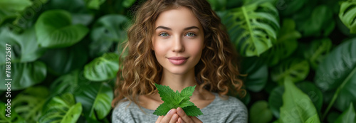 Header with graceful herbal girl holding a bouquet of green herb in a peaceful natural setting. Ecological concept of care; banner on respect for the environment. Biodiversity Protection for Earth Day photo