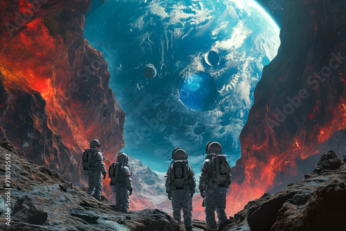 group of astronauts exploring a mysterious planet, discovering a hidden alien civilization