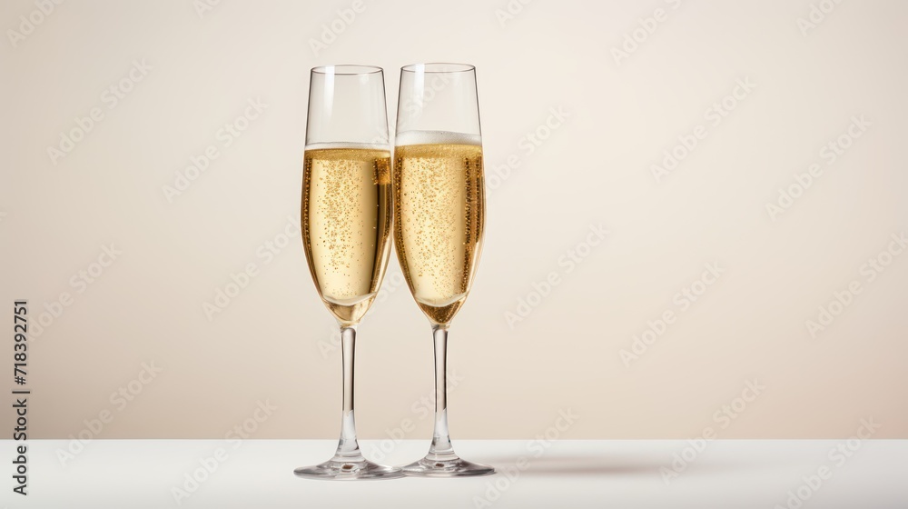  two glasses of champagne on a table with a beige wall in the background and a pair of champagne flutes in the foreground.