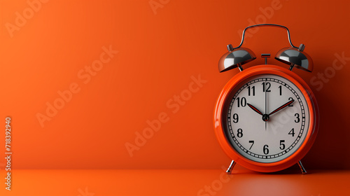Orange clean mechanical alarm clock; plain colored background. Twin bell table alarm clock; moving hammer and metal case to wake up in the morning. Product showcase, minimalist graphic design object 