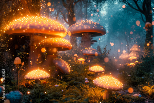 magical forest filled with glowing mushrooms, where fairies and unicorns roam free