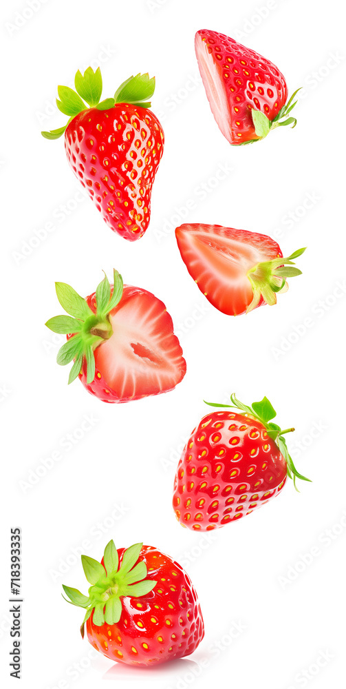 Fresh halved strawberries, vividly red with green leaves, levitating against white background Fresh halved strawberries, vividly red with green leaves, levitating against white background