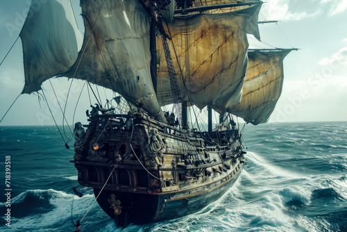 pirate ship sailing the high seas, with a fierce captain and a treasure map leading to riches untold photo