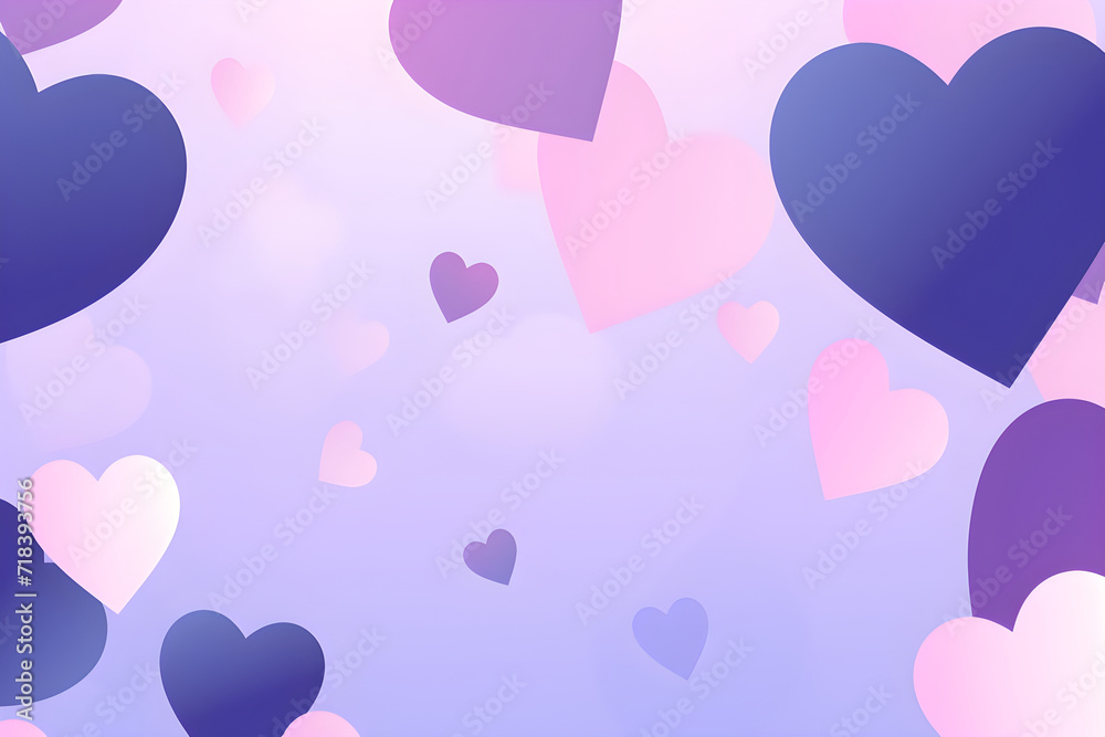 Abstract pink hearts on blue and purple cloudy night sky. Love, Valentine day, wedding concept. Romantic background for design greeting card, print, poster, banner