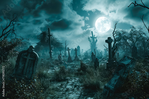 spooky graveyard, where skeletons and zombies rise from the dead, and the moon casts an eerie glow