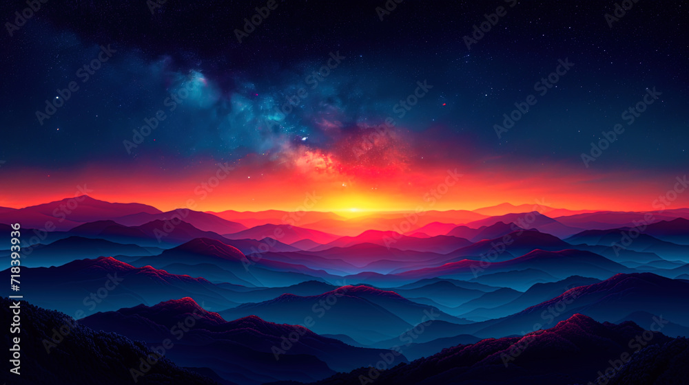 An illustration on which the sky shines with colorful shades, from orange to deep blue, creating a