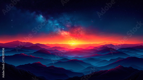 An illustration on which the sky shines with colorful shades  from orange to deep blue  creating a