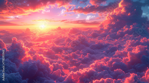 An illustration with heaven, where orangepink reflections of sunset turn clouds into soft flakes o