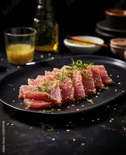Sliced tuna on a black plate with sesame seeds. Generative AI.