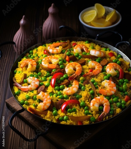 Paella with shrimp and vegetables in a pan on a wooden table. Generative AI.