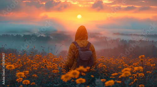 A photograph in which a person looks into the distance, completely absorbed in the sunrise, creati photo