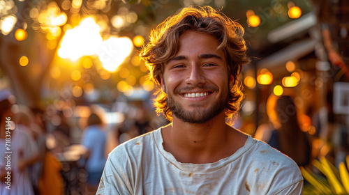 A photograph of a young guy with a smile, as if his energy and mood create a positive impact on ot photo