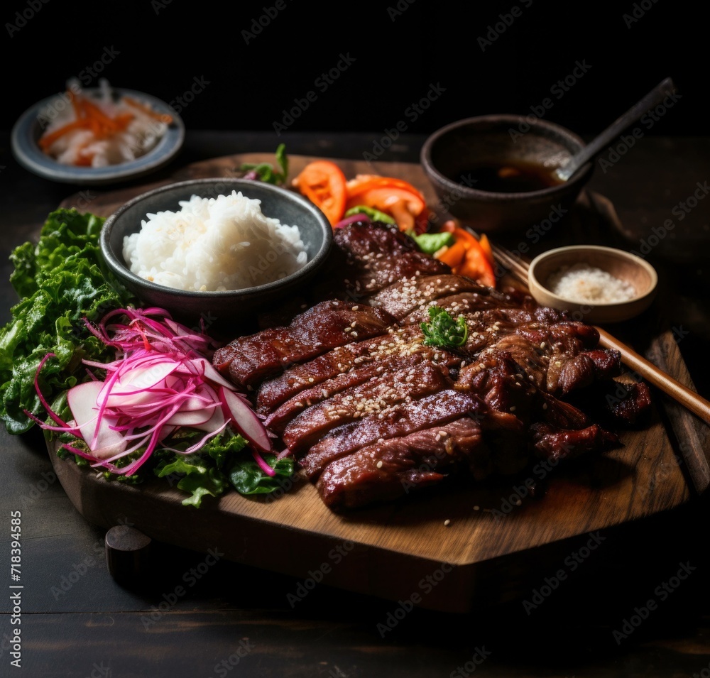 A wooden cutting board with meat and rice. Generative AI. A wooden cutting board with meat and rice. Generative AI.