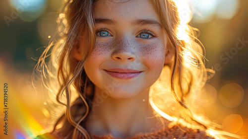 A photo of a girl with a rainbow smile, as if she brings with her a piece of magic