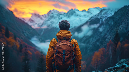 A picture of a person where his face is lit by the warm light of dawn, and the mountains against t photo