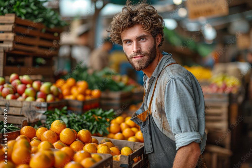 Young male vendor selling fresh oranges at market