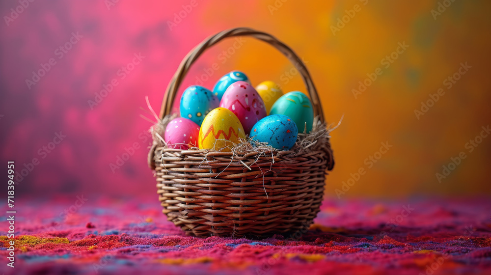 Colorful Painted Easter Eggs Collection in Rustic Wicker Basket on Colorful Backdrop Colorful Painted Easter Eggs Collection in Rustic Wicker Basket on Colorful Backdrop