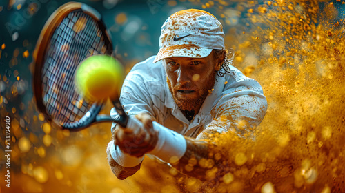 A portrait of a tennis player in a dynamic position of take off subsidiaries, where absolute devot