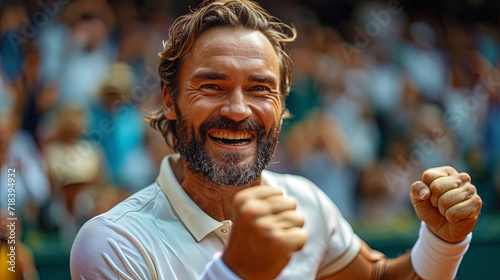 A portrait of a tennis player with a joyful expression on his face after a successful blow, where