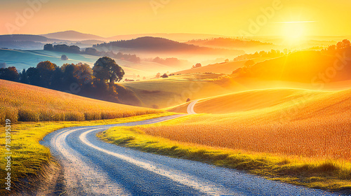 Rural Landscape and Nature  Summer Field and Sky  Agricultural and Country Road  Green Trees and Sunrise  Scenic and Beautiful Outdoors  Countryside and Farming  Idyllic and Sunny