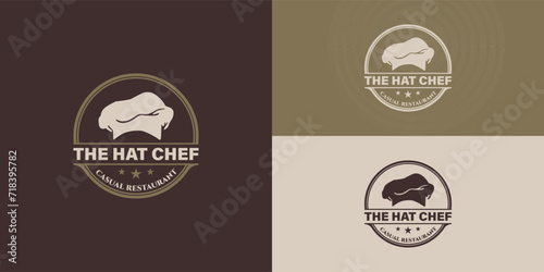 The hat chef symbol for Restaurant Cafe Bar Classic Vintage Logo design is presented with multiple background colors. The logo is suitable for food and restaurant logo design inspiration template