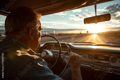 A man behind the wheel cruising on the road as the sun generative ai photo