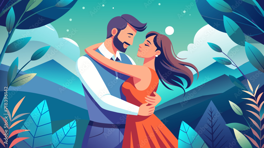 Romantic couple dancing under moonlight in nature illustration Romantic couple dancing under moonlight in nature illustration